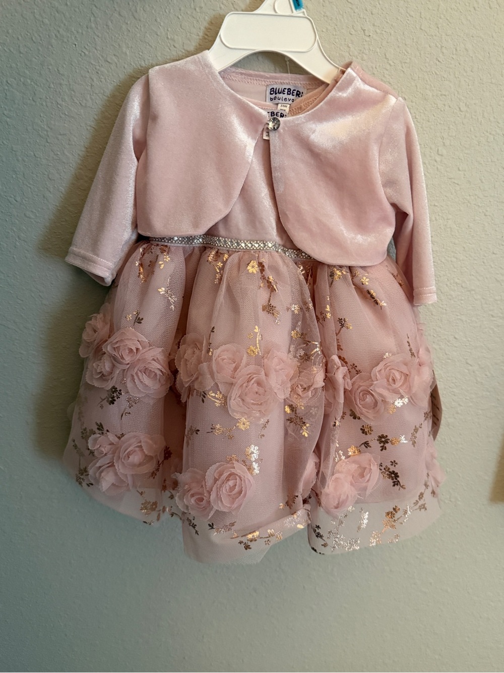 Blueberi Boulevard 2-piece pink velvet lace tulle dress and cardigan set — 3-6 M